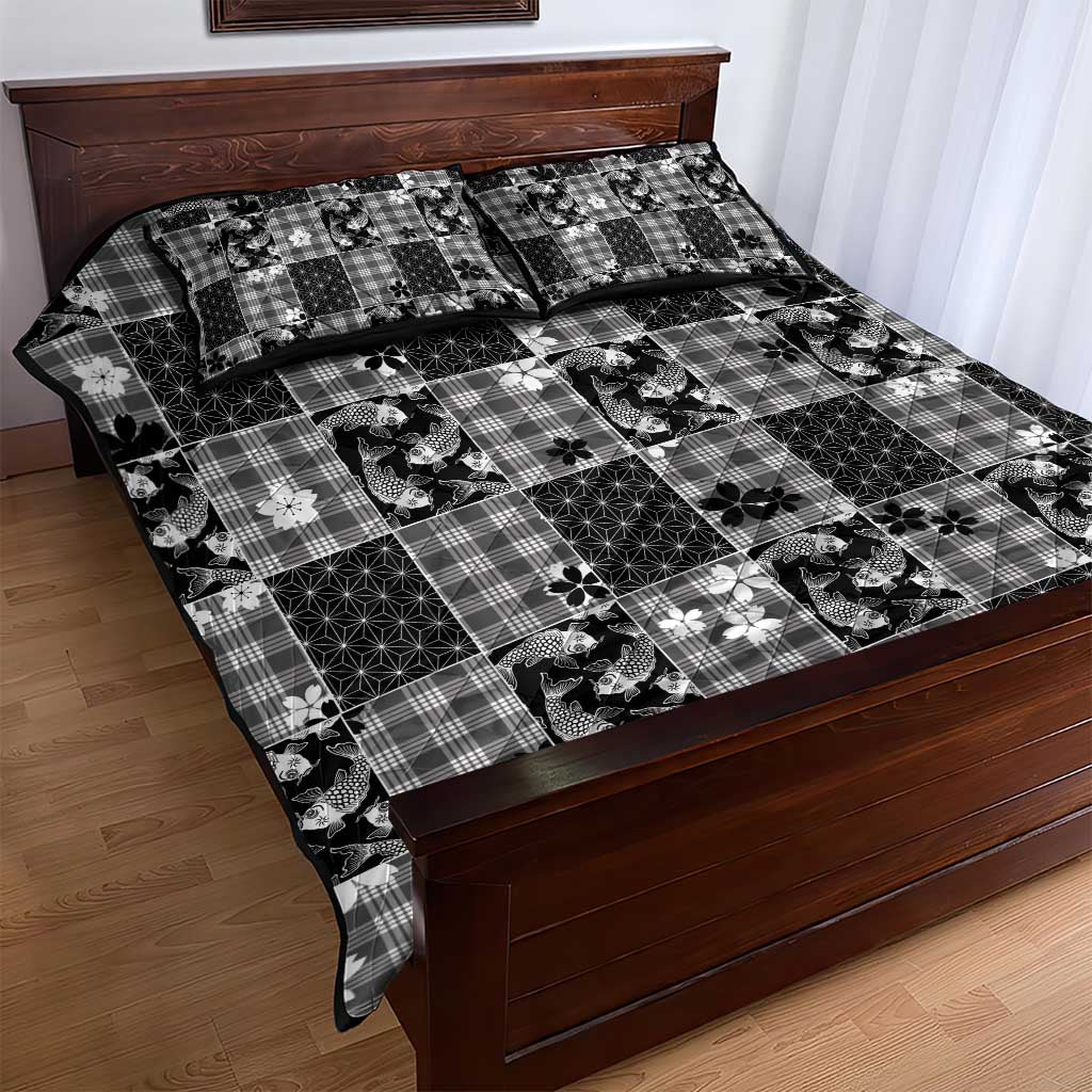 Black Palaka Japanese Patterns Quilt Bed Set Koi Fish Asanoha Sakura Patchwork Stylized - Polynesian Pride