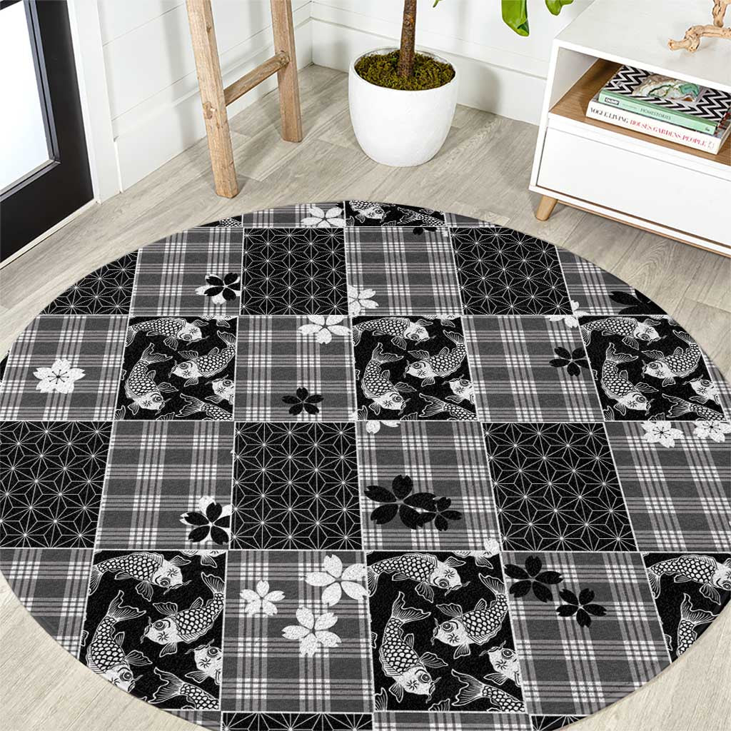 Black Palaka Japanese Patterns Round Carpet Koi Fish Asanoha Sakura Patchwork Stylized LT14 Black - Polynesian Pride