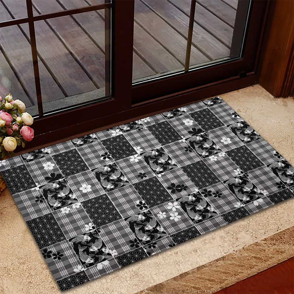 Black Palaka Japanese Patterns Rubber Doormat Koi Fish Asanoha Sakura Patchwork Stylized - Polynesian Pride