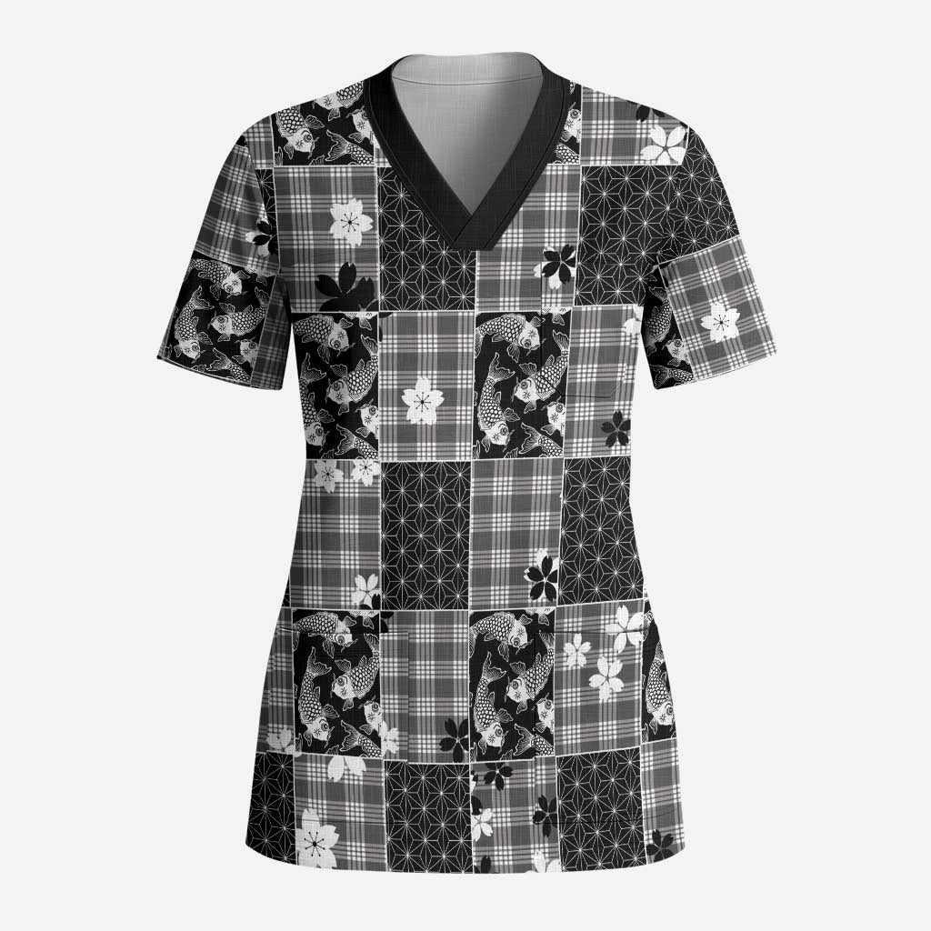 Black Palaka Japanese Patterns Scrub Top Koi Fish Asanoha Sakura Patchwork Stylized LT14 Adult Black - Polynesian Pride