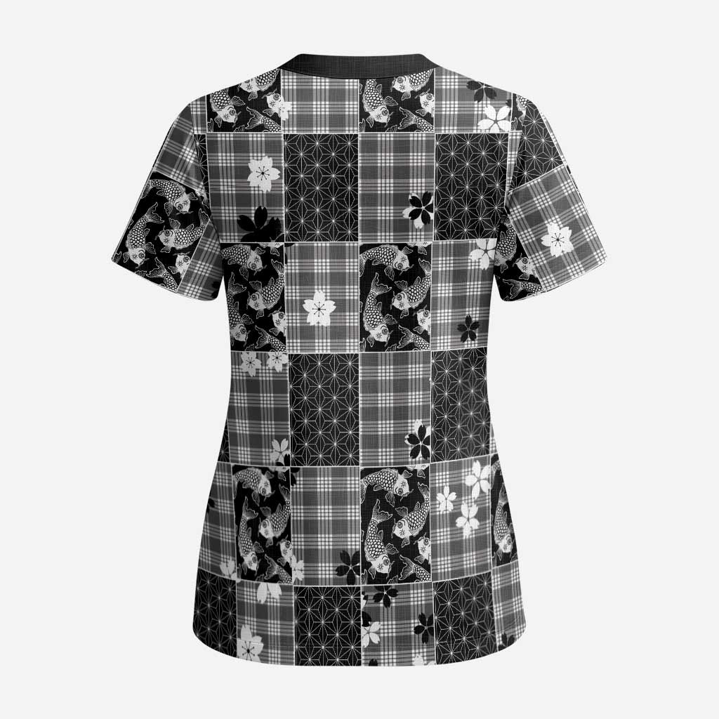 Black Palaka Japanese Patterns Scrub Top Koi Fish Asanoha Sakura Patchwork Stylized - Polynesian Pride