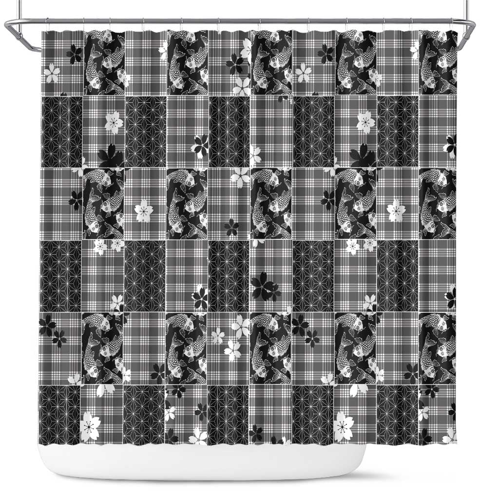 Black Palaka Japanese Patterns Shower Curtain Koi Fish Asanoha Sakura Patchwork Stylized - Polynesian Pride