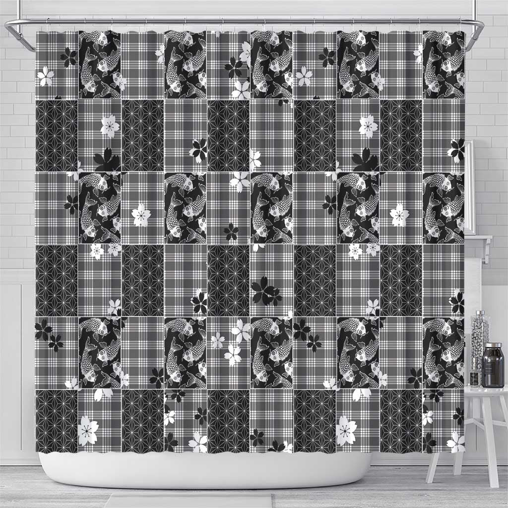 Black Palaka Japanese Patterns Shower Curtain Koi Fish Asanoha Sakura Patchwork Stylized - Polynesian Pride
