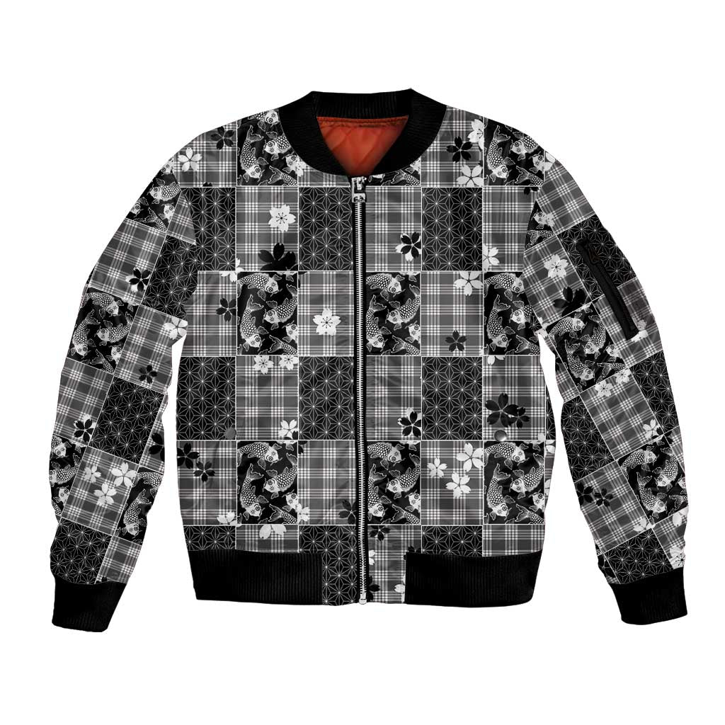 Black Palaka Japanese Patterns Sleeve Zip Bomber Jacket Koi Fish Asanoha Sakura Patchwork Stylized - Polynesian Pride