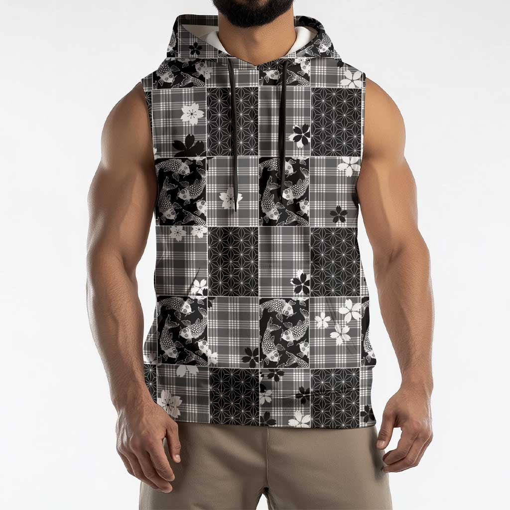 Black Palaka Japanese Patterns Sleeveless Hoodie Koi Fish Asanoha Sakura Patchwork Stylized LT14 - Polynesian Pride
