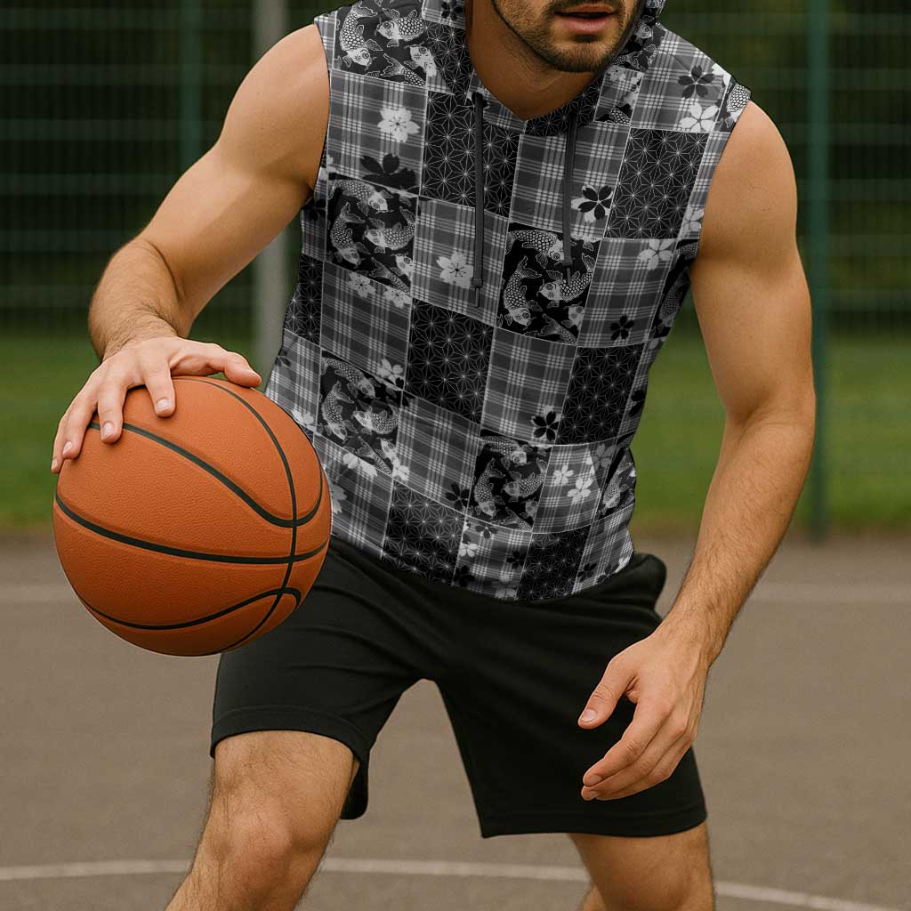 Black Palaka Japanese Patterns Sleeveless Hoodie Koi Fish Asanoha Sakura Patchwork Stylized LT14 - Polynesian Pride