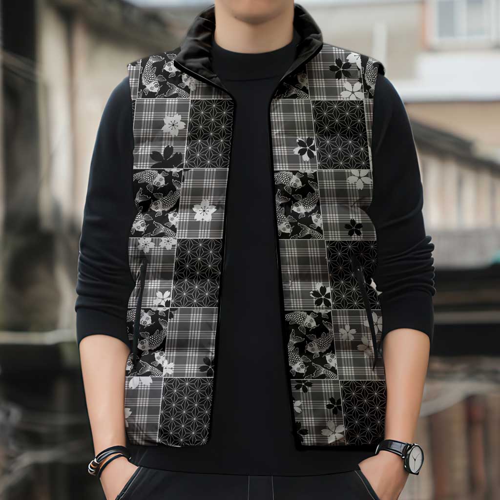 Black Palaka Japanese Patterns Sleeveless Puffer Jacket Koi Fish Asanoha Sakura Patchwork Stylized - Polynesian Pride