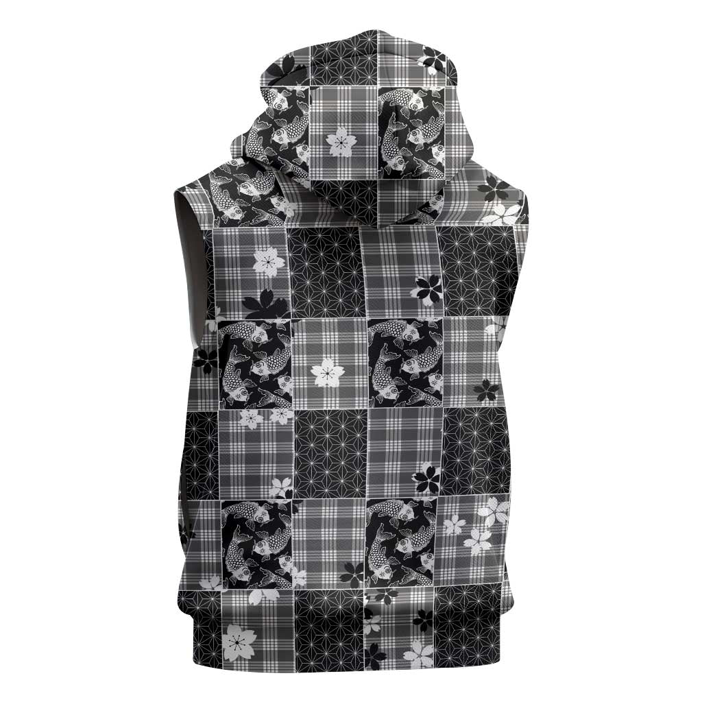Black Palaka Japanese Patterns Sleeveless Zip Hoodie Koi Fish Asanoha Sakura Patchwork Stylized - Polynesian Pride
