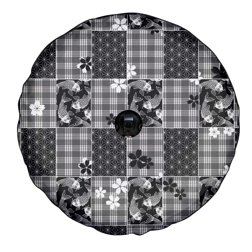 Black Palaka Japanese Patterns Spare Tire Cover Koi Fish Asanoha Sakura Patchwork Stylized - Polynesian Pride