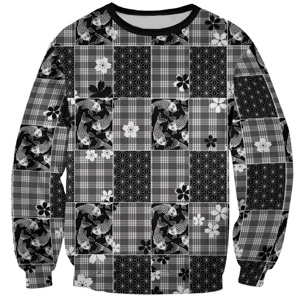 Black Palaka Japanese Patterns Sweatshirt Koi Fish Asanoha Sakura Patchwork Stylized - Polynesian Pride