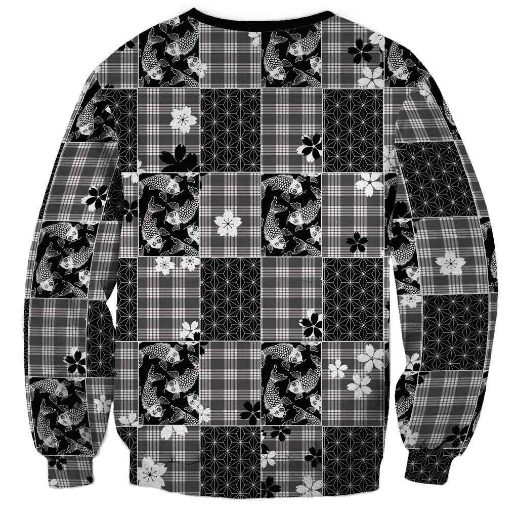 Black Palaka Japanese Patterns Sweatshirt Koi Fish Asanoha Sakura Patchwork Stylized - Polynesian Pride