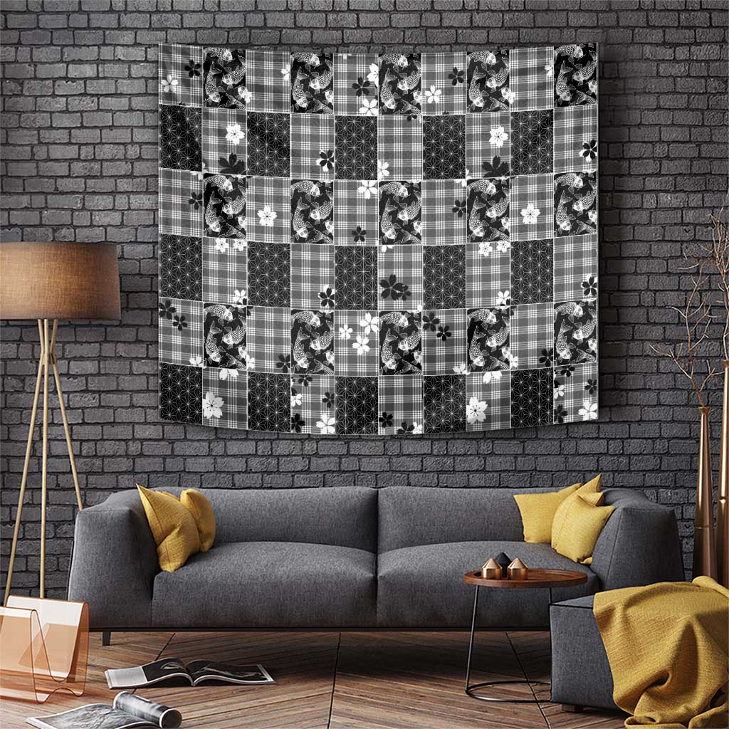 Black Palaka Japanese Patterns Tapestry Koi Fish Asanoha Sakura Patchwork Stylized LT14 Black - Polynesian Pride