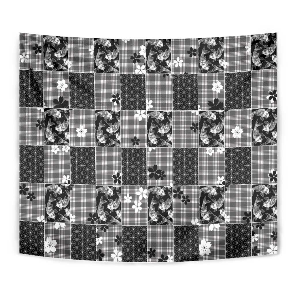 Black Palaka Japanese Patterns Tapestry Koi Fish Asanoha Sakura Patchwork Stylized - Polynesian Pride