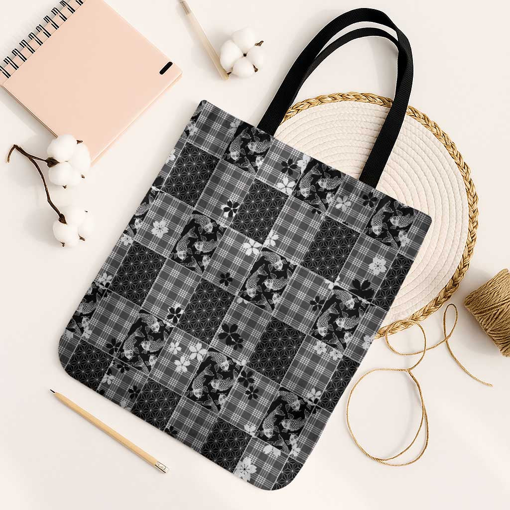 Black Palaka Japanese Patterns Tote Bag Koi Fish Asanoha Sakura Patchwork Stylized LT14 Black Strap One Size Black - Polynesian Pride
