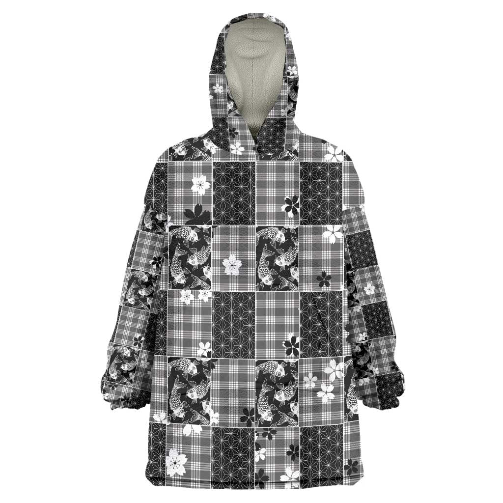Black Palaka Japanese Patterns Wearable Blanket Hoodie Koi Fish Asanoha Sakura Patchwork Stylized LT14 One Size Black - Polynesian Pride