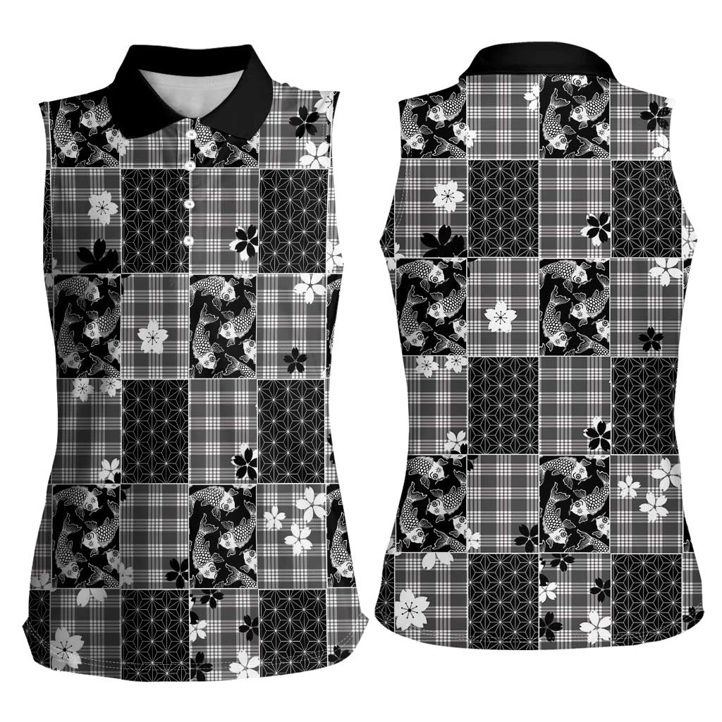 Black Palaka Japanese Patterns Women Sleeveless Polo Shirt Koi Fish Asanoha Sakura Patchwork Stylized - Polynesian Pride