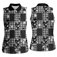 Black Palaka Japanese Patterns Women Sleeveless Polo Shirt Koi Fish Asanoha Sakura Patchwork Stylized - Polynesian Pride