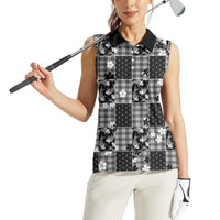 Black Palaka Japanese Patterns Women Sleeveless Polo Shirt Koi Fish Asanoha Sakura Patchwork Stylized - Polynesian Pride