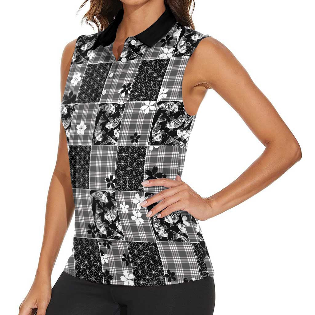 Black Palaka Japanese Patterns Women Sleeveless Polo Shirt Koi Fish Asanoha Sakura Patchwork Stylized - Polynesian Pride