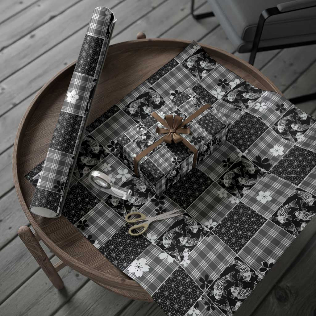 Black Palaka Japanese Patterns Wrapping Paper Koi Fish Asanoha Sakura Patchwork Stylized - Polynesian Pride