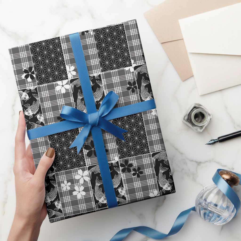 Black Palaka Japanese Patterns Wrapping Paper Koi Fish Asanoha Sakura Patchwork Stylized - Polynesian Pride