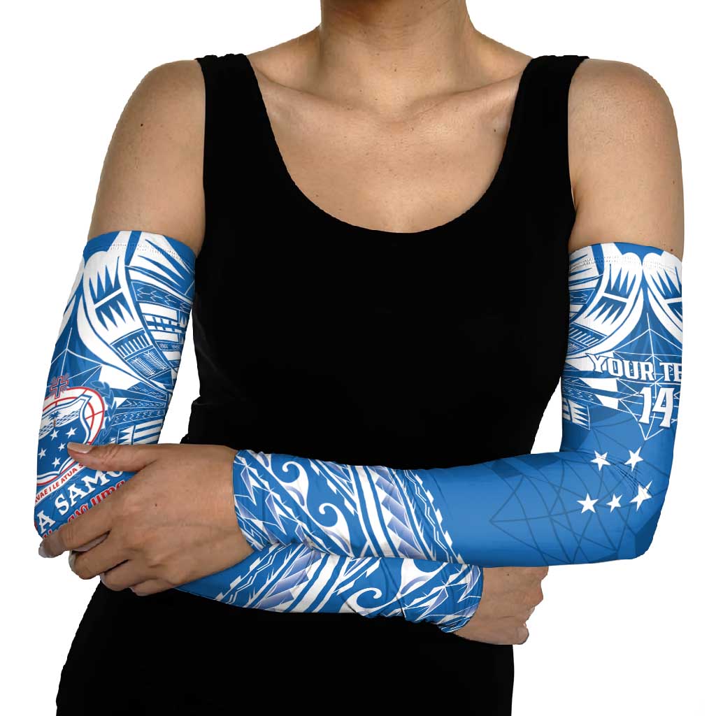 Toa Samoa Rugby Custom Arm Sleeves Uso aso uma Samoan Pattern Blue - Polynesian Pride