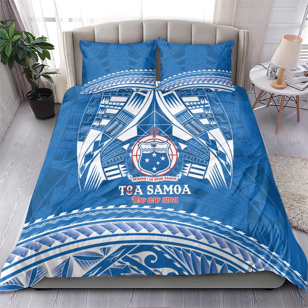 Toa Samoa Rugby Custom Bedding Set Uso aso uma Samoan Pattern Blue - Polynesian Pride