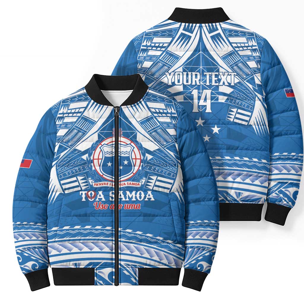 Toa Samoa Rugby Custom Bomber Puffer Jacket Uso aso uma Samoan Pattern Blue - Polynesian Pride
