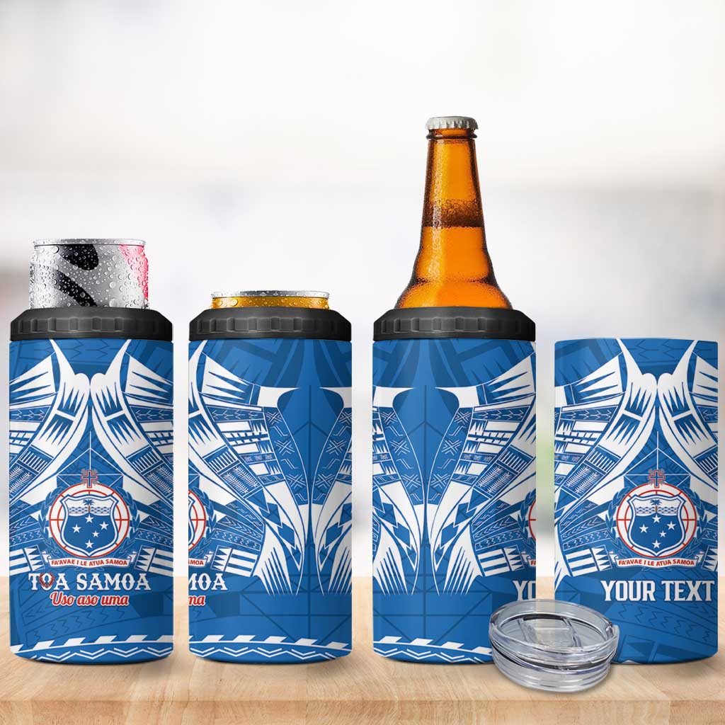 Toa Samoa Rugby Custom 4 in 1 Can Cooler Tumbler Uso aso uma Samoan Pattern Blue - Polynesian Pride