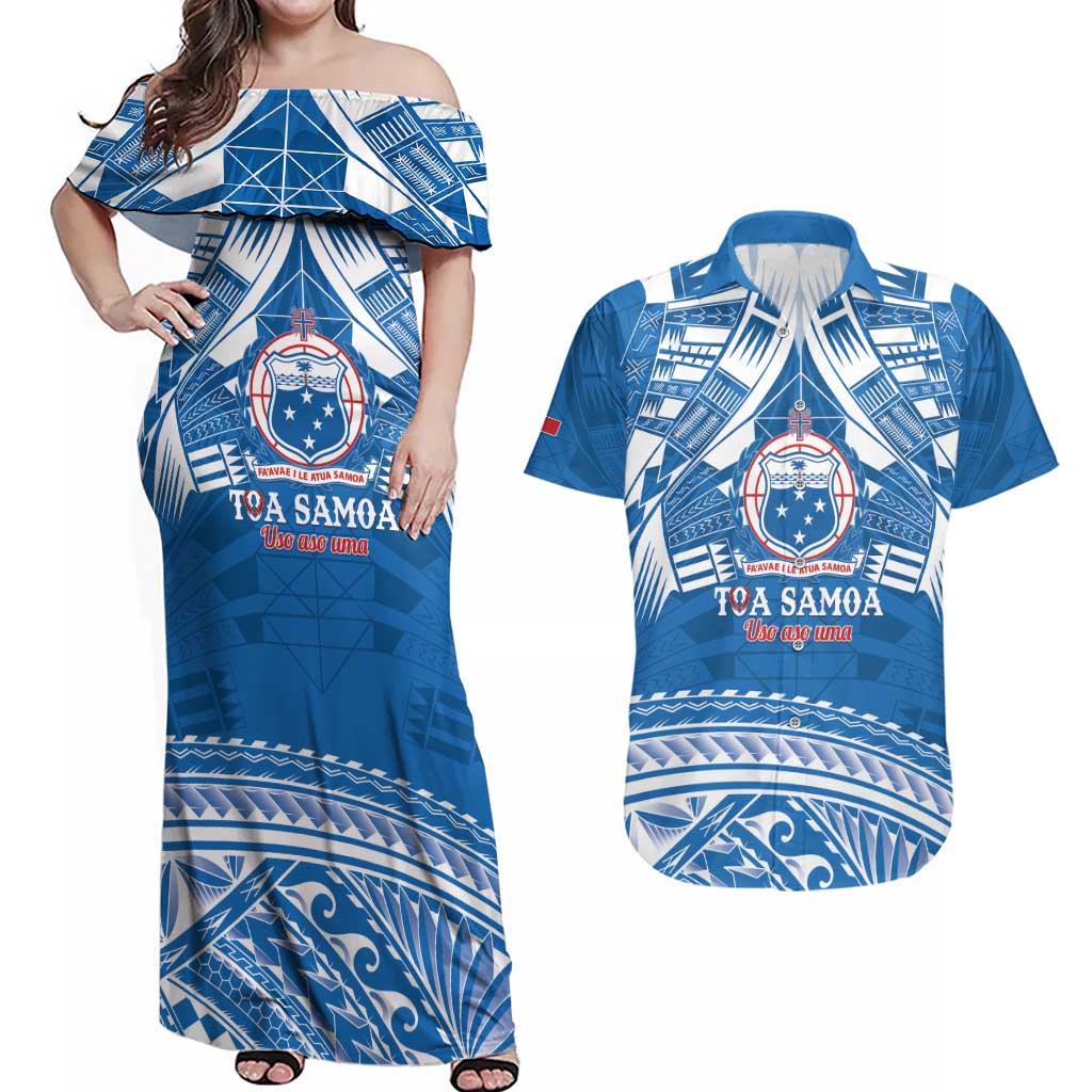 Toa Samoa Rugby Custom Couples Matching Off Shoulder Maxi Dress and Hawaiian Shirt Uso aso uma Samoan Pattern Blue - Polynesian Pride