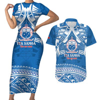 Toa Samoa Rugby Custom Couples Matching Short Sleeve Bodycon Dress and Hawaiian Shirt Uso aso uma Samoan Pattern Blue - Polynesian Pride