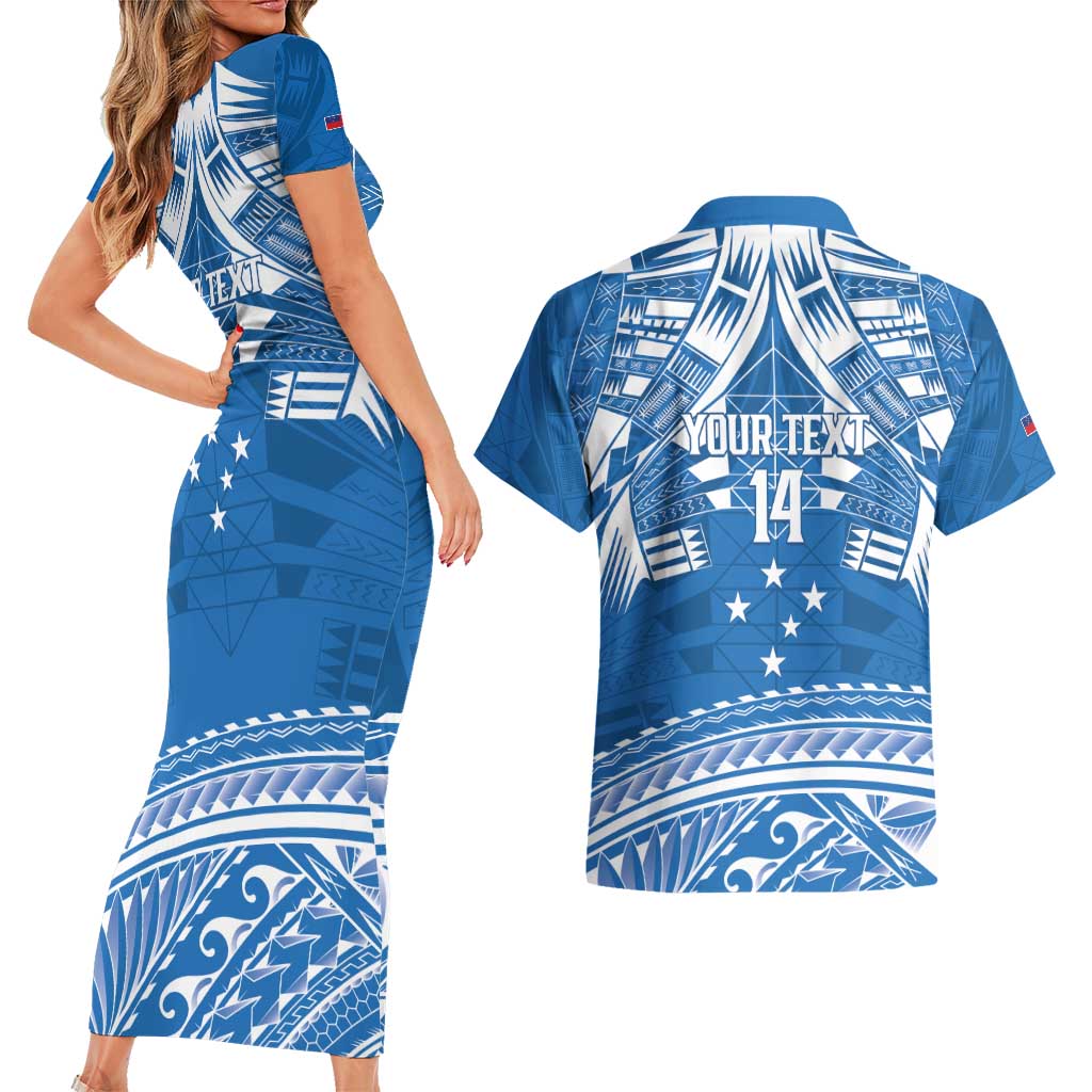 Toa Samoa Rugby Custom Couples Matching Short Sleeve Bodycon Dress and Hawaiian Shirt Uso aso uma Samoan Pattern Blue - Polynesian Pride