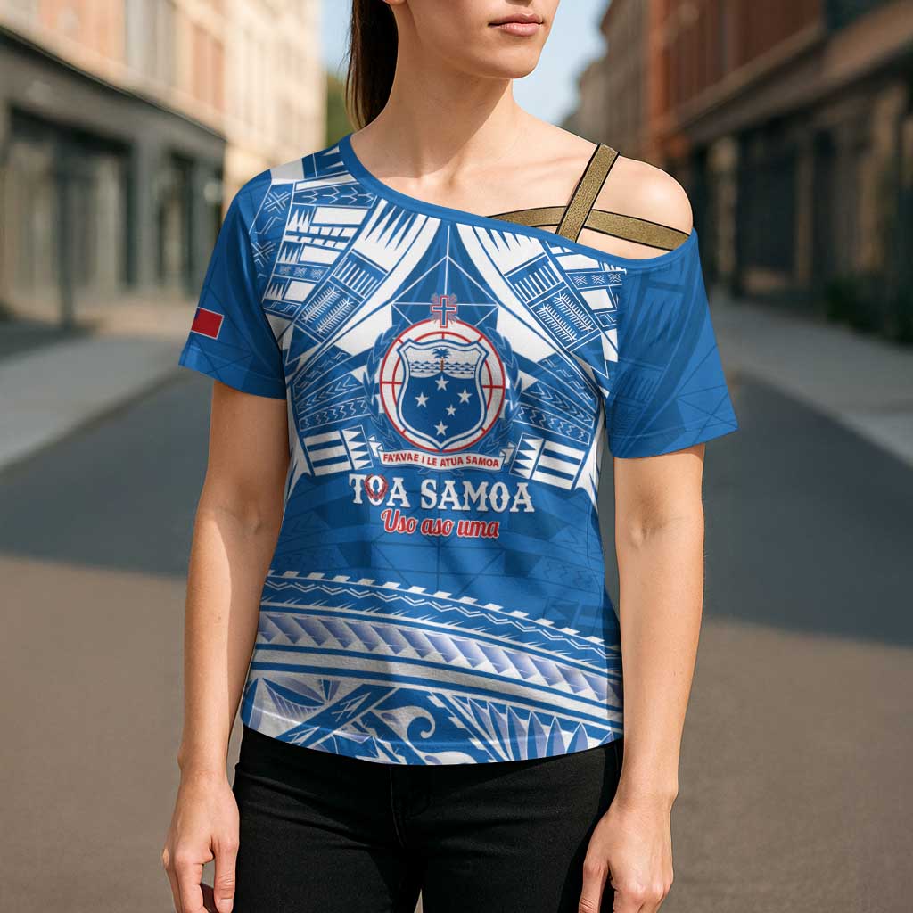 Toa Samoa Rugby Custom Cross Shoulder Shirt Uso aso uma Samoan Pattern Blue - Polynesian Pride