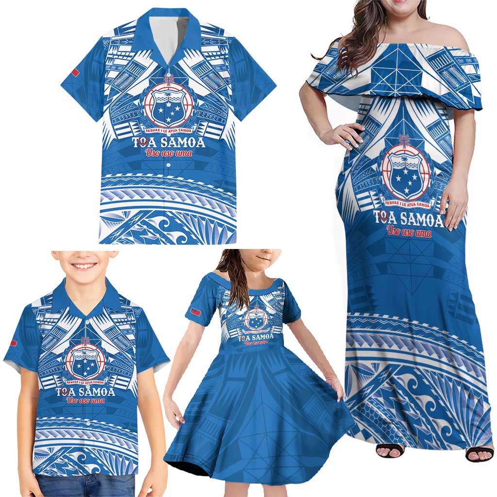 Toa Samoa Rugby Custom Family Matching Off Shoulder Maxi Dress and Hawaiian Shirt Uso aso uma Samoan Pattern Blue - Polynesian Pride