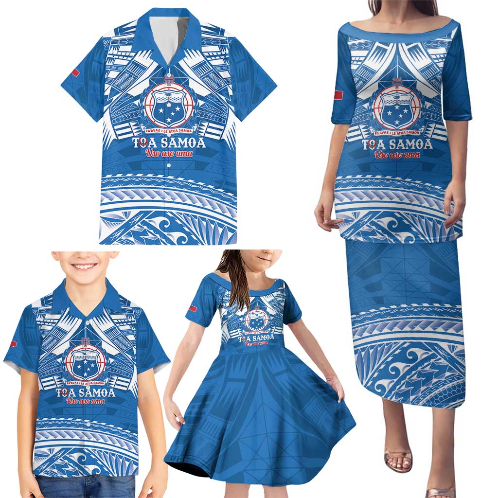 Toa Samoa Rugby Custom Family Matching Puletasi and Hawaiian Shirt Uso aso uma Samoan Pattern Blue - Polynesian Pride