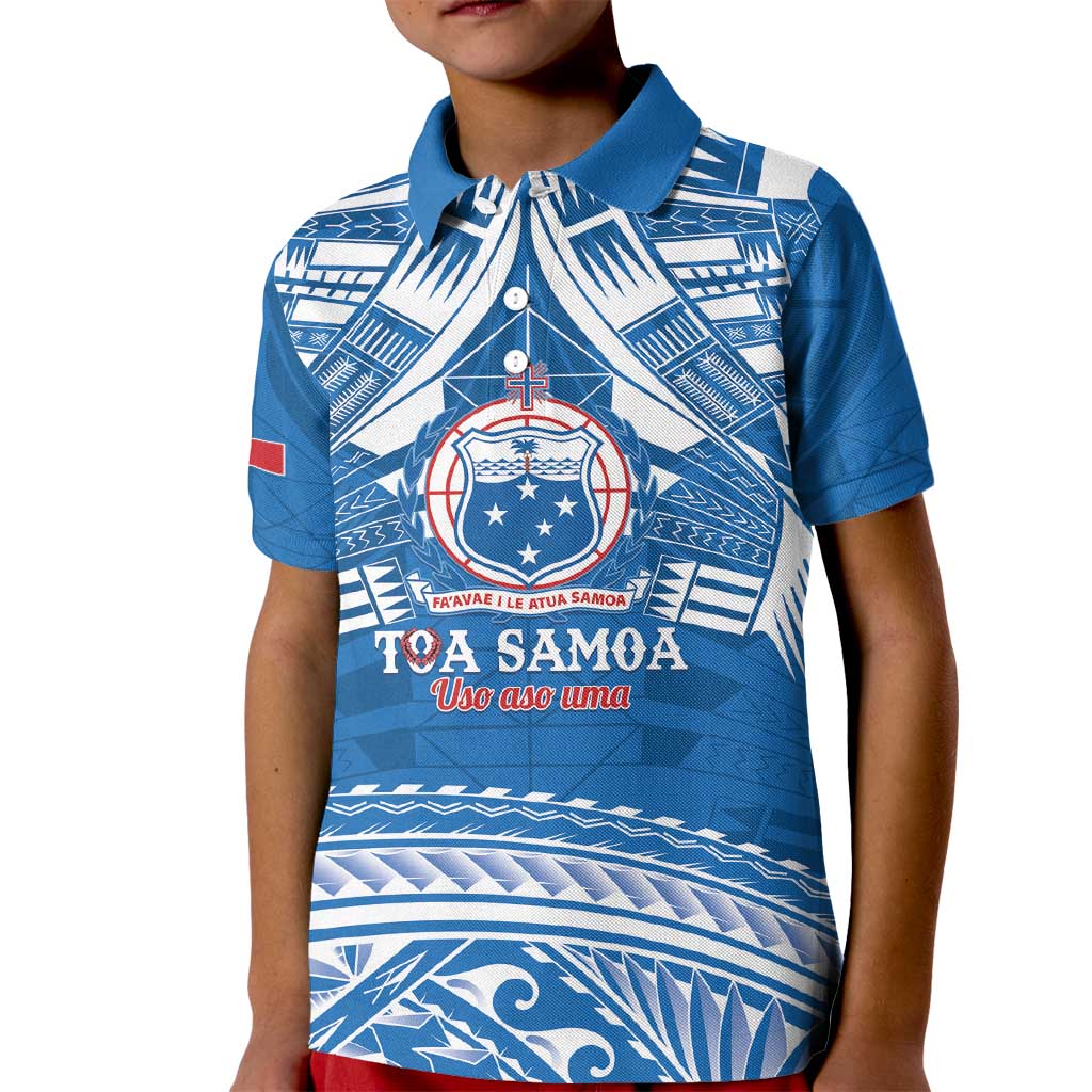Toa Samoa Rugby Custom Kid Polo Shirt Uso aso uma Samoan Pattern Blue - Polynesian Pride