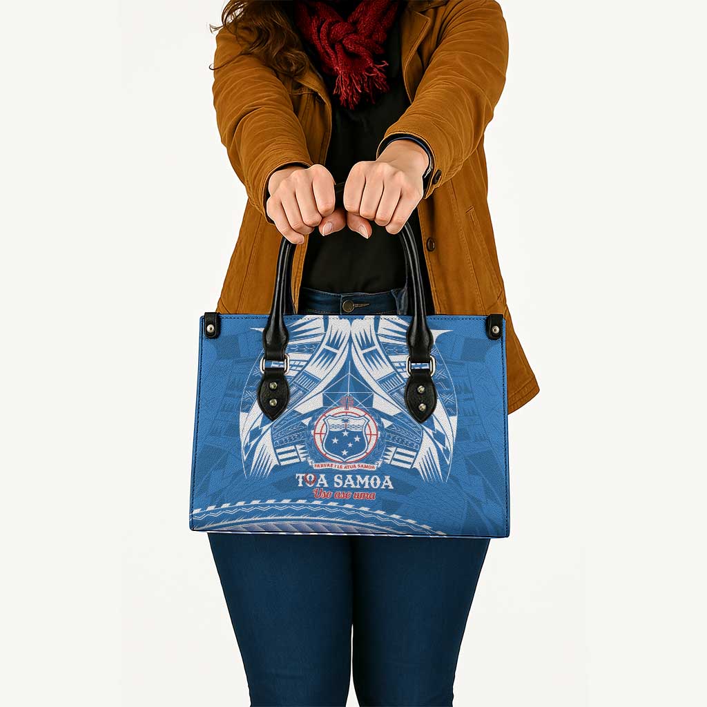 Toa Samoa Rugby Custom Leather Bag Uso aso uma Samoan Pattern Blue - Polynesian Pride