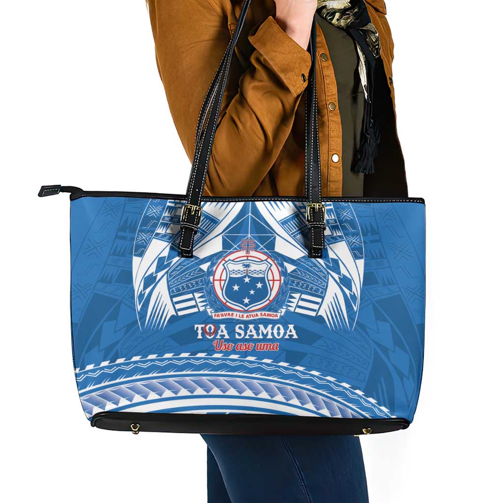 Toa Samoa Rugby Custom Leather Tote Bag Uso aso uma Samoan Pattern Blue - Polynesian Pride