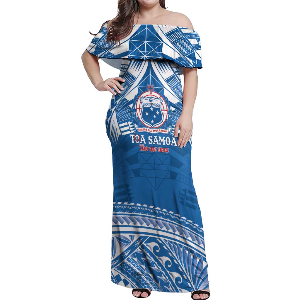 Toa Samoa Rugby Custom Off Shoulder Maxi Dress Uso aso uma Samoan Pattern Blue - Polynesian Pride