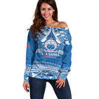 Toa Samoa Rugby Custom Off Shoulder Sweater Uso aso uma Samoan Pattern Blue - Polynesian Pride