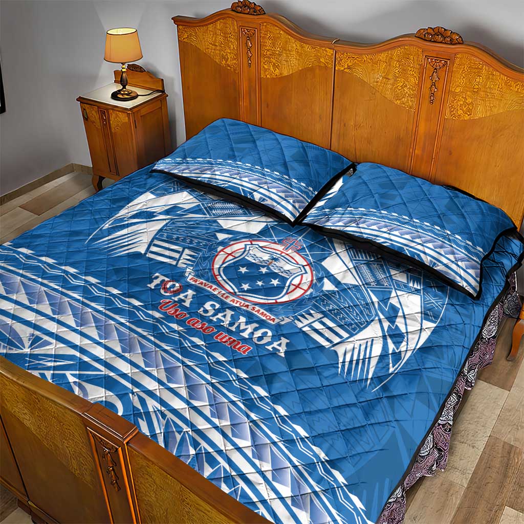 Toa Samoa Rugby Custom Quilt Bed Set Uso aso uma Samoan Pattern Blue - Polynesian Pride
