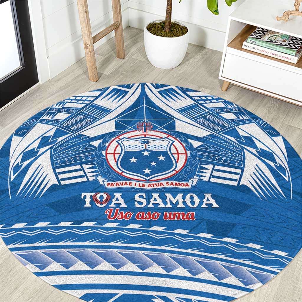Toa Samoa Rugby Custom Round Carpet Uso aso uma Samoan Pattern Blue - Polynesian Pride