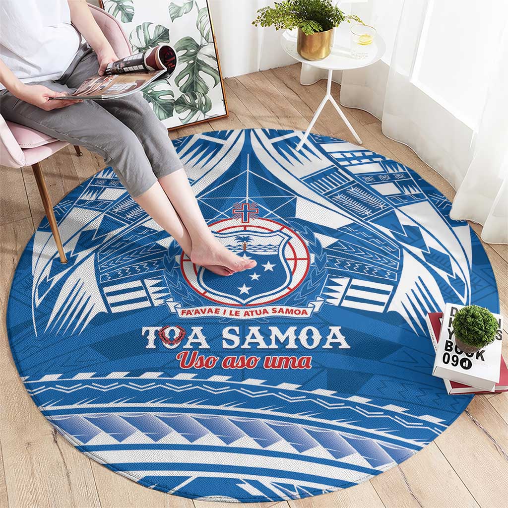 Toa Samoa Rugby Custom Round Carpet Uso aso uma Samoan Pattern Blue - Polynesian Pride