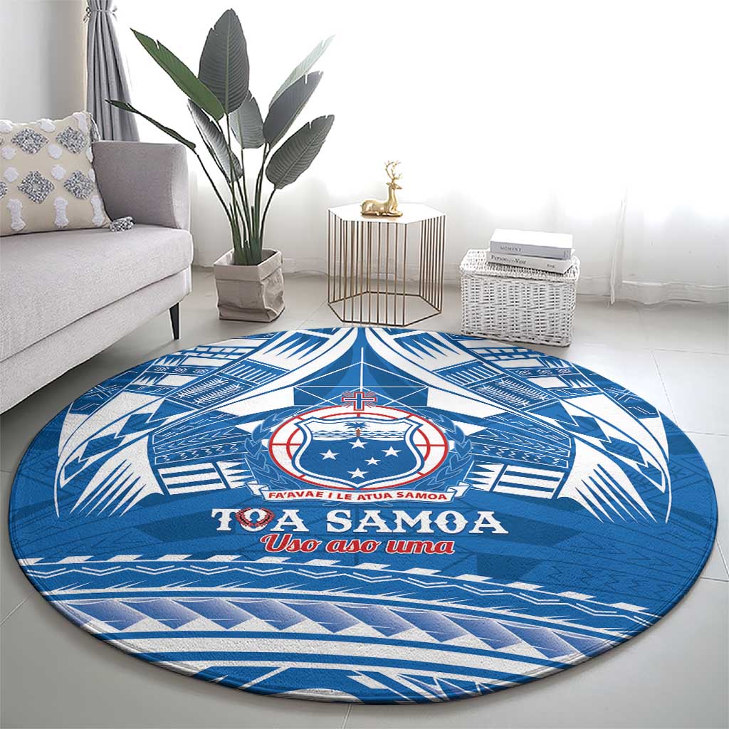 Toa Samoa Rugby Custom Round Carpet Uso aso uma Samoan Pattern Blue - Polynesian Pride