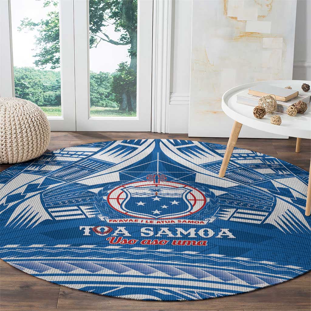 Toa Samoa Rugby Custom Round Carpet Uso aso uma Samoan Pattern Blue - Polynesian Pride