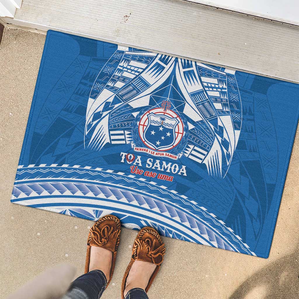 Toa Samoa Rugby Custom Rubber Doormat Uso aso uma Samoan Pattern Blue - Polynesian Pride