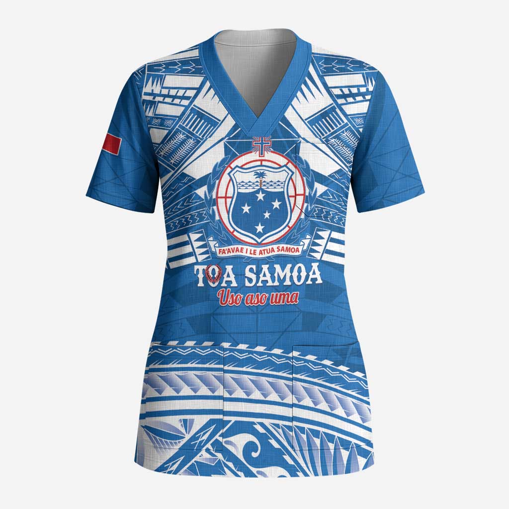 Toa Samoa Rugby Custom Scrub Top Uso aso uma Samoan Pattern Blue - Polynesian Pride