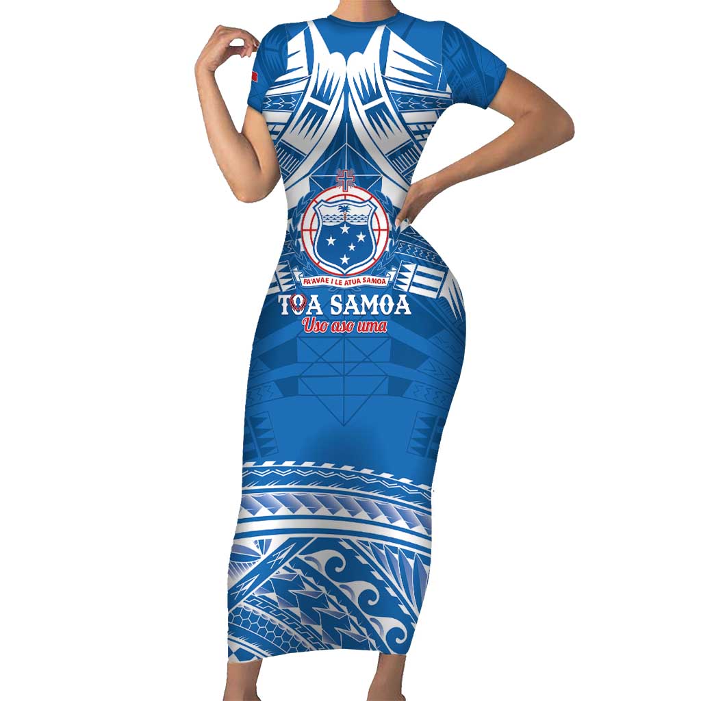 Toa Samoa Rugby Custom Short Sleeve Bodycon Dress Uso aso uma Samoan Pattern Blue - Polynesian Pride