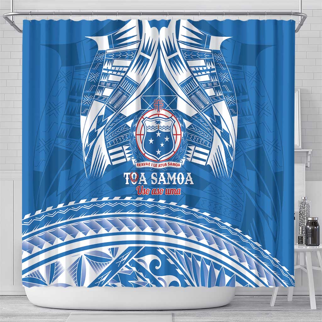 Toa Samoa Rugby Custom Shower Curtain Uso aso uma Samoan Pattern Blue - Polynesian Pride