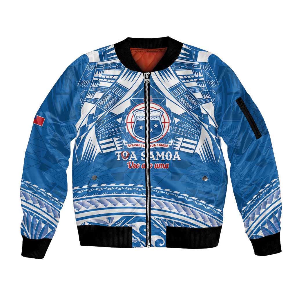 Toa Samoa Rugby Custom Sleeve Zip Bomber Jacket Uso aso uma Samoan Pattern Blue - Polynesian Pride
